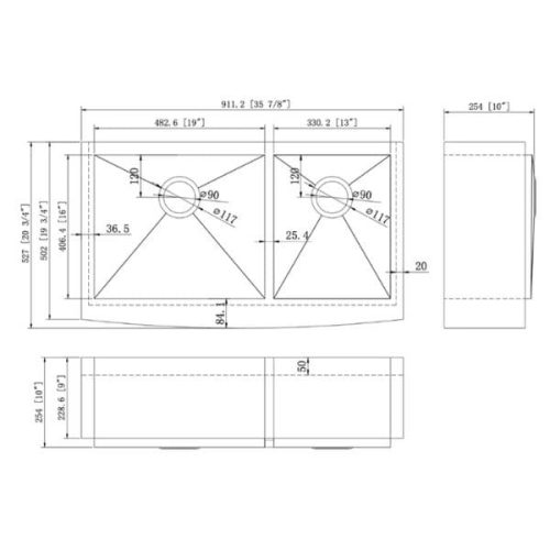 Measurement diagram for PL-HA125 R0 Stainless Steel Farmhouse Kitchen Sink with size labels