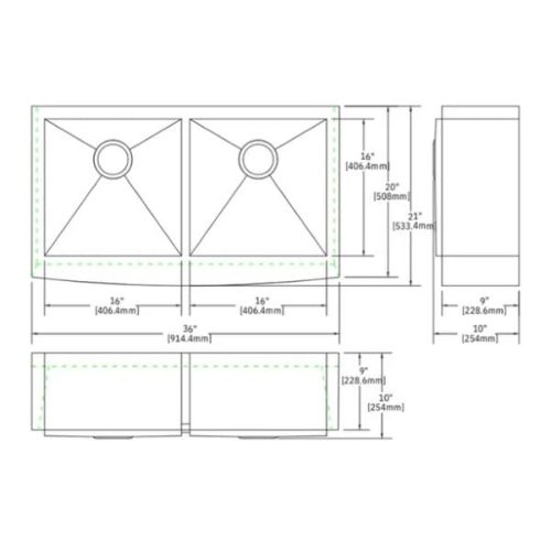Measurement diagram for PL-HA130 R0 Stainless Steel Farmhouse Kitchen Sink with size labels