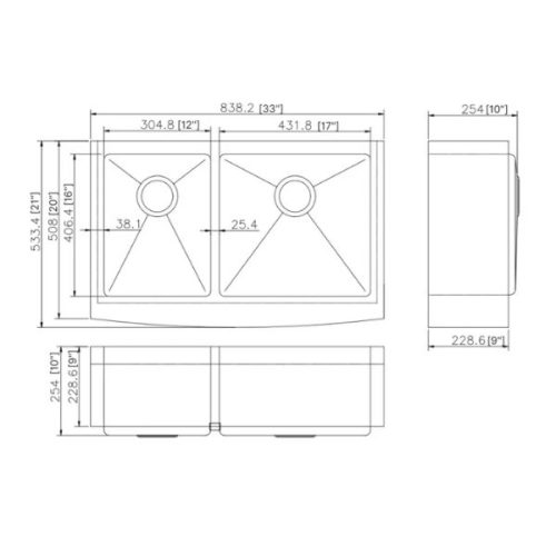 Dimension diagram PL-HA139 R15 Stainless Steel Farmhouse Kitchen Sink