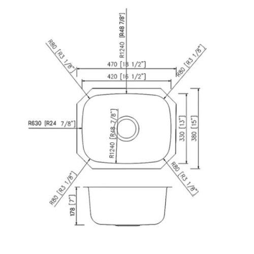 Dimension diagram for PL-VS1815 Stainless Steel Single Bowl Undermount Kitchen Sink