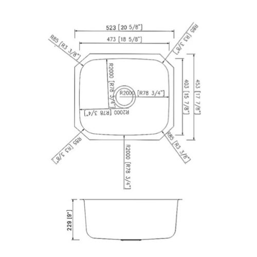Dimension diagram for PL-VS2118 Stainless Steel Single Bowl Undermount Kitchen Sink