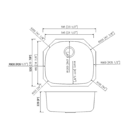 Dimension diagram for PL-VS2321 Stainless Steel Single Bowl Undermount Kitchen Sink