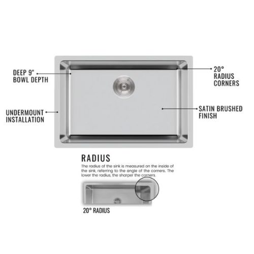 Detailed view of PL-VR1816 R20 Stainless Steel Undermount Kitchen Sink finish and sink edge