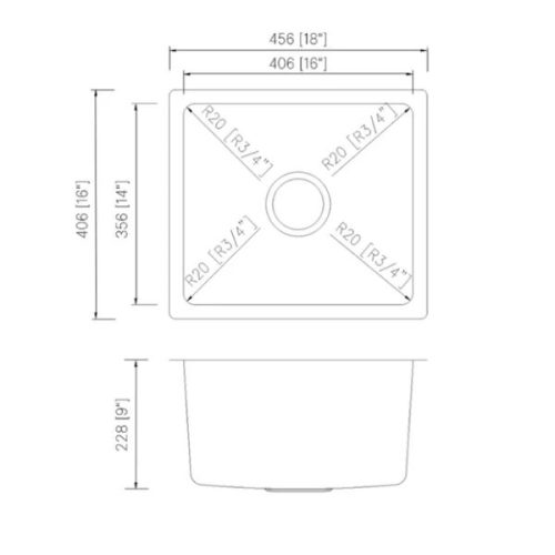 Dimension diagram PL-VR1816 R20 Stainless Steel Undermount Kitchen Sink