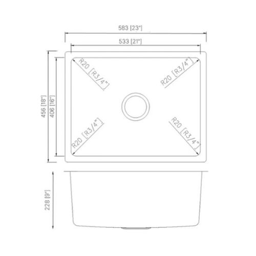Dimension diagram for PL-VR2318 R20 Stainless Steel Undermount Kitchen Sink