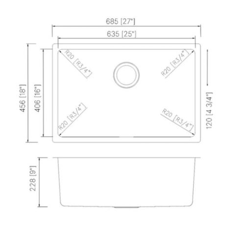 Dimension diagram for PL-VR2718 R20 Stainless Steel Undermount Kitchen Sink