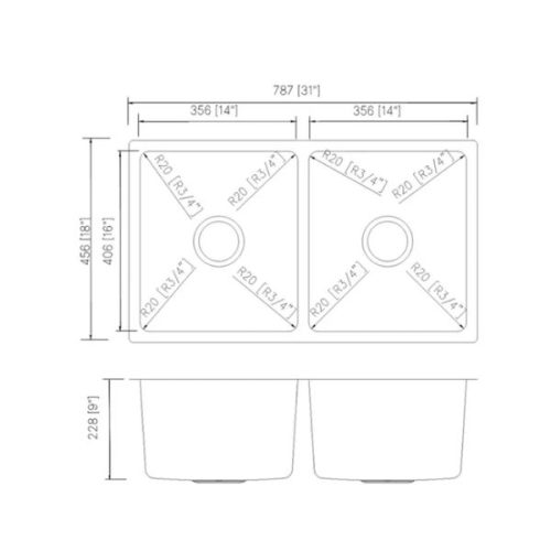 Dimension diagram for PL-VR5050 R20 Stainless Steel Undermount Kitchen Sink