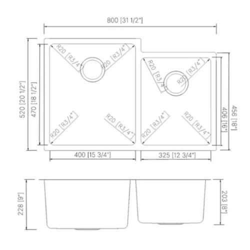 Dimension diagram PL-VR6040 R20 Stainless Steel Undermount Kitchen Sink