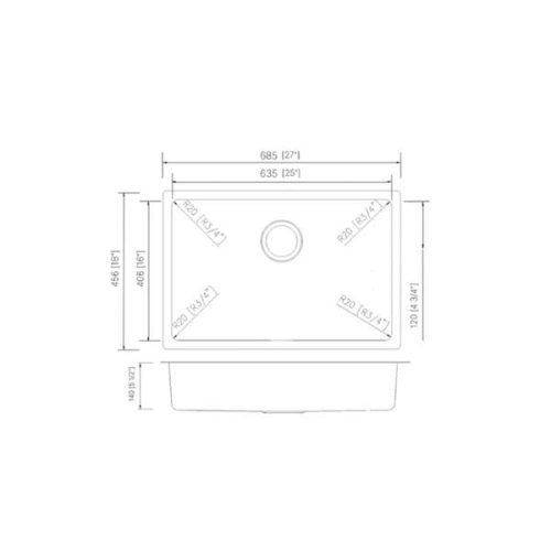 Measurement diagram for PL-VR2718 ADA Undermount Kitchen Sink with 27 x 18 x 6 in labels