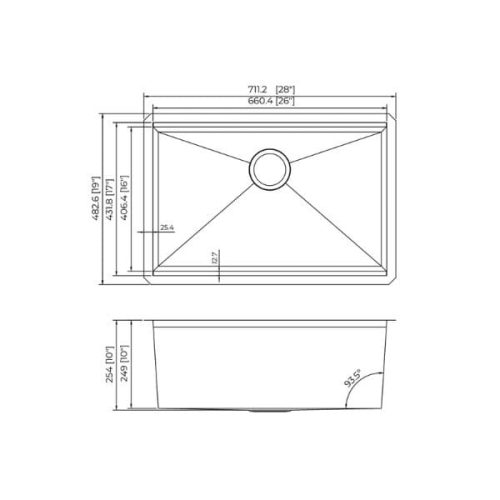 Measurement view 28″ Workstation Ledge Stainless Steel Sink dimensional layout