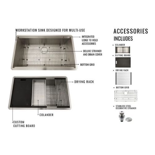 Gallery view 28″ Workstation Ledge Stainless Steel Sink with workstation sink layout and stainless steel finish