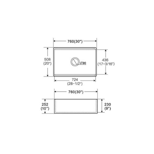 Measurement view showing PL-FC3020WS Workstation Style Fireclay Sink dimensional layout