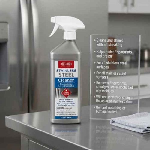 StoneTech Stainless Steel Cleaner 24 oz Sprayer applied to a stainless steel appliance