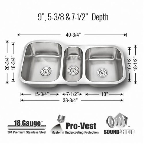 Dimensions view showing TRIANGULUM Triple Bowl Kitchen Sink measurements