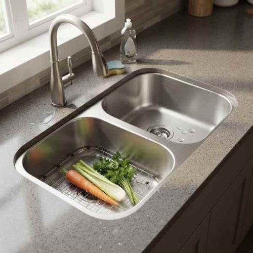 Undermount double equal bowl sink 18 gauge SIS-202S in use