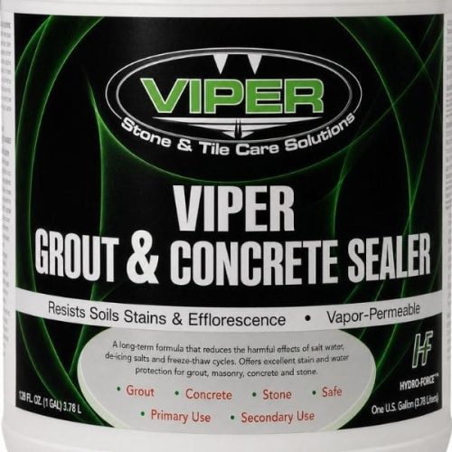Close-up view Viper Grout & Concrete Sealer container label and packaging