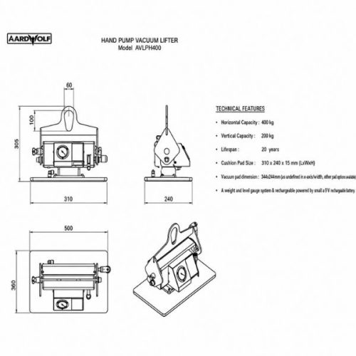 Aardwolf Hand Pump Vacuum Lifter AVLHP240-480 dimensional diagram