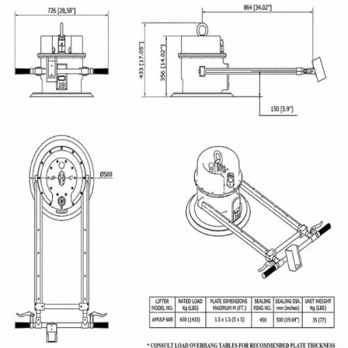 Aardwolf Mono Mechanical Vacuum Lifter 650 dimensional diagram