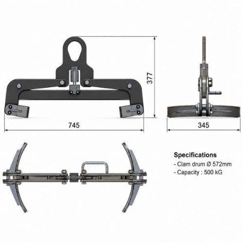 ADC-572 Aardwolf Drum Clamp dimensions diagram labeled measurements