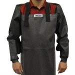 Weha Black Rubber Sleeve Protectors positioned for full arm coverage during wet fabrication work