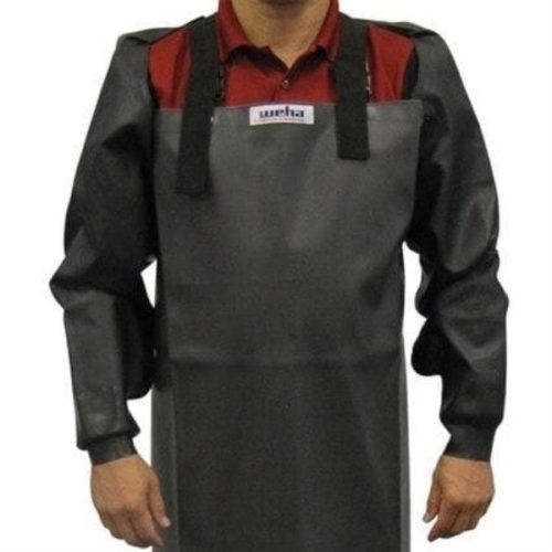 Weha Black Rubber Sleeve Protectors positioned for full arm coverage during wet fabrication work