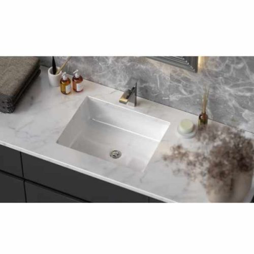 PL-1637 ADA white porcelain undermount bathroom sink installed in a vanity countertop