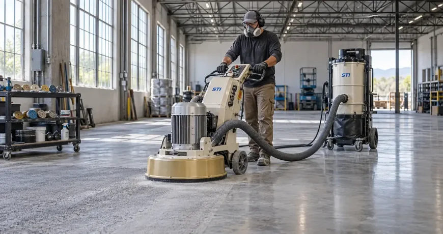 STI floor grinders and dust collection for concrete grinding and polishing