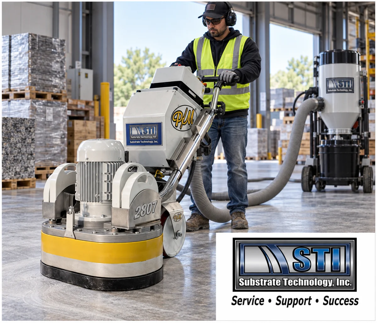 STI floor grinding equipment and dust collection for concrete surface preparation